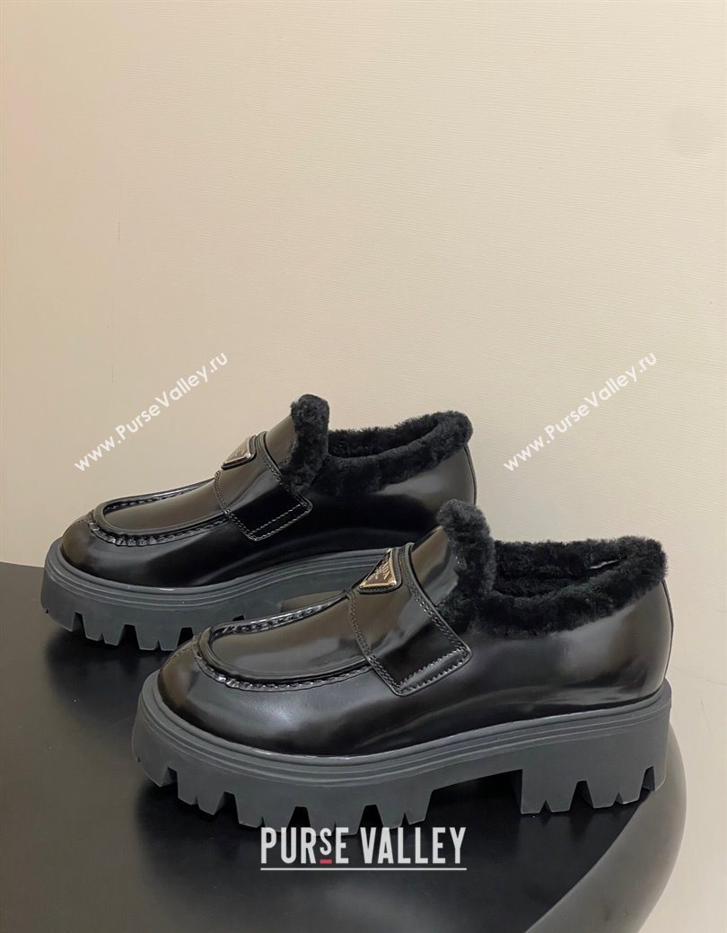 Prada Brushed Leather and Wool Platform Loafers 5cm Black 2025 1D185O (MD-251027046)