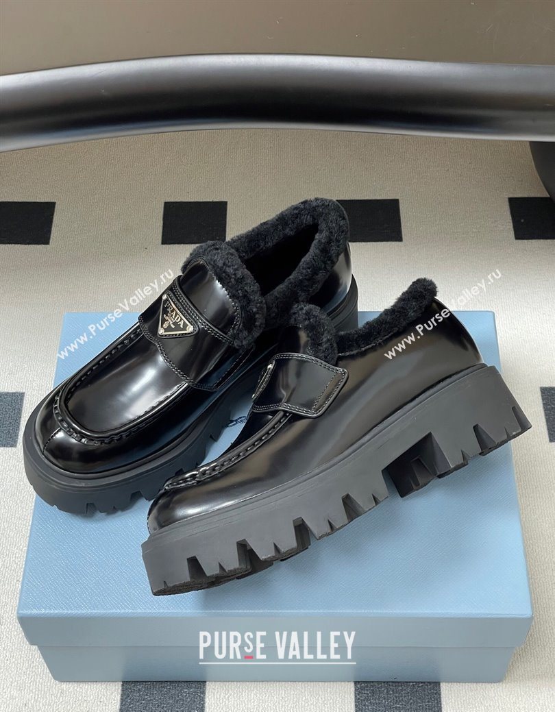 Prada Brushed Leather and Wool Platform Loafers 5cm Black 2025 1D185O (MD-251027046)