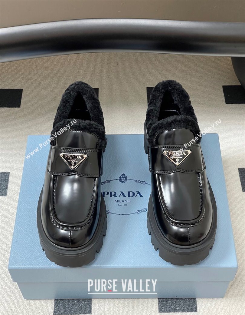 Prada Brushed Leather and Wool Platform Loafers 5cm Black 2025 1D185O (MD-251027046)
