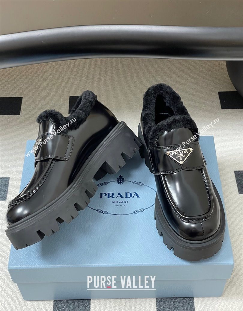 Prada Brushed Leather and Wool Platform Loafers 5cm Black 2025 1D185O (MD-251027046)
