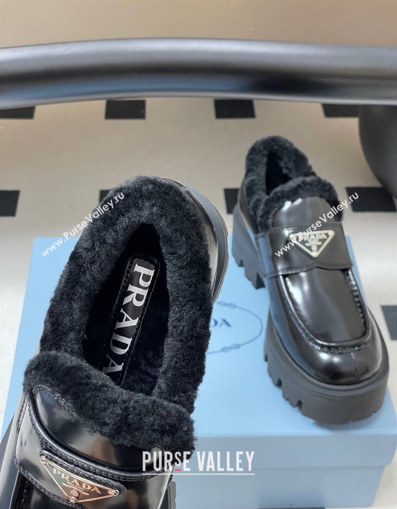Prada Brushed Leather and Wool Platform Loafers 5cm Black 2025 1D185O (MD-251027046)
