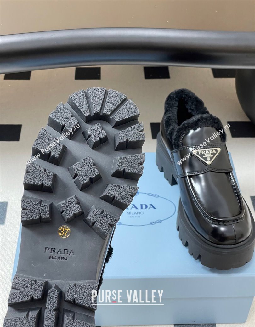 Prada Brushed Leather and Wool Platform Loafers 5cm Black 2025 1D185O (MD-251027046)