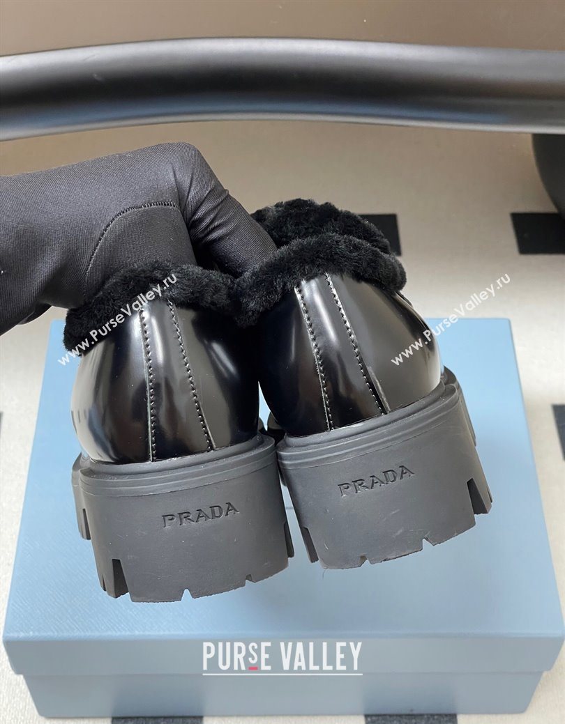 Prada Brushed Leather and Wool Platform Loafers 5cm Black 2025 1D185O (MD-251027046)