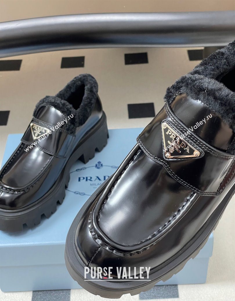Prada Brushed Leather and Wool Platform Loafers 5cm Black 2025 1D185O (MD-251027046)