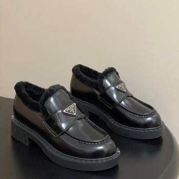 Prada Brushed Leather and Wool Loafers Black 2025 1D246M (MD-251027047)