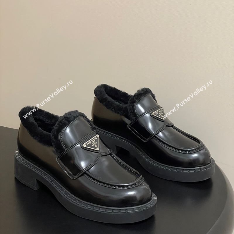 Prada Brushed Leather and Wool Loafers Black 2025 1D246M (MD-251027047)