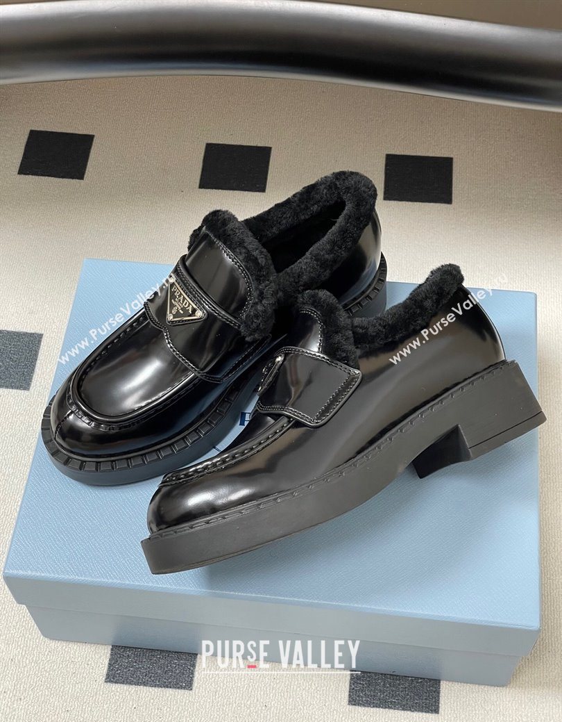 Prada Brushed Leather and Wool Loafers Black 2025 1D246M (MD-251027047)