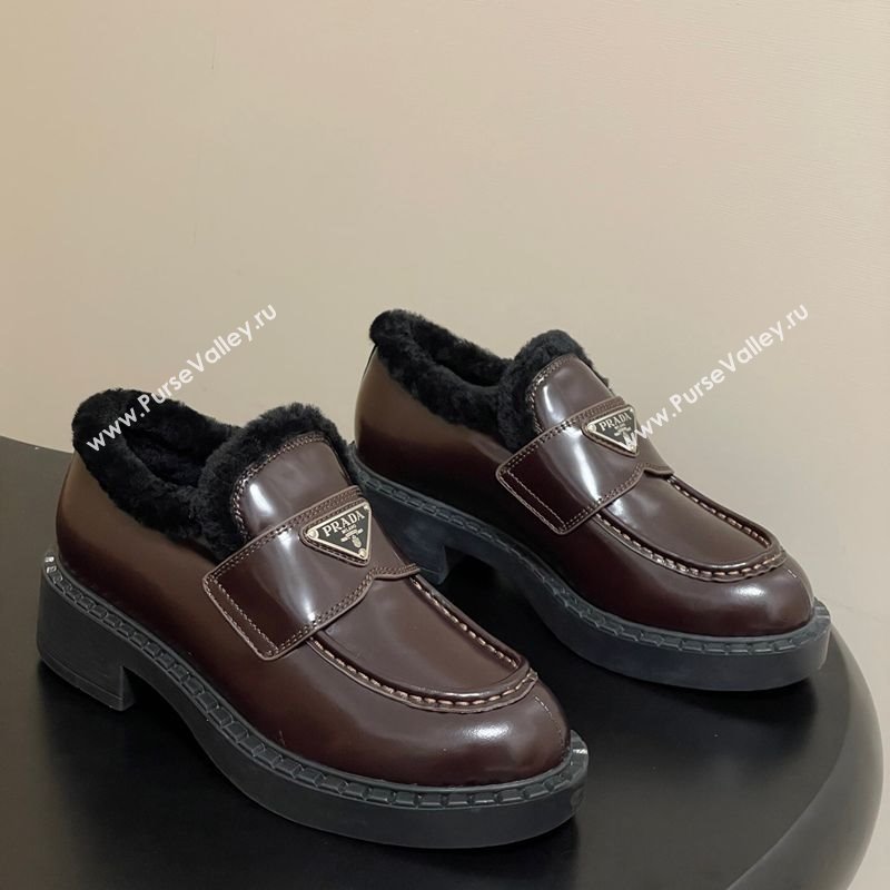 Prada Brushed Leather and Wool Loafers Brown 2025 1D246M (MD-251027048)