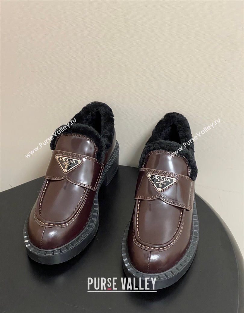 Prada Brushed Leather and Wool Loafers Brown 2025 1D246M (MD-251027048)