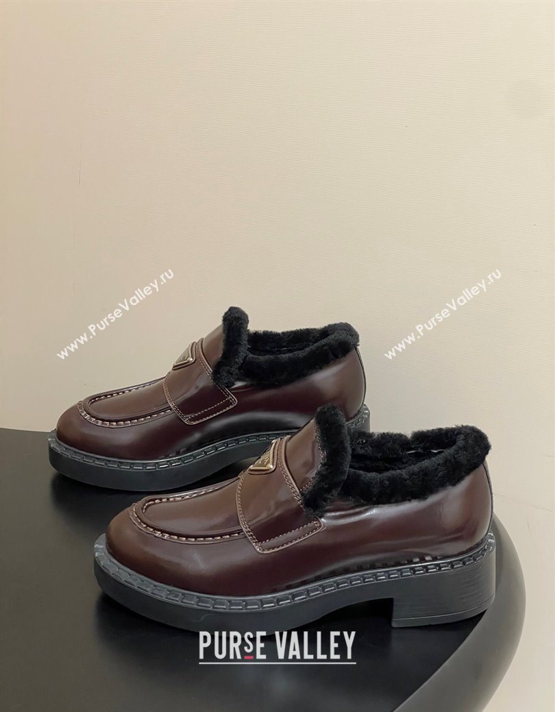 Prada Brushed Leather and Wool Loafers Brown 2025 1D246M (MD-251027048)