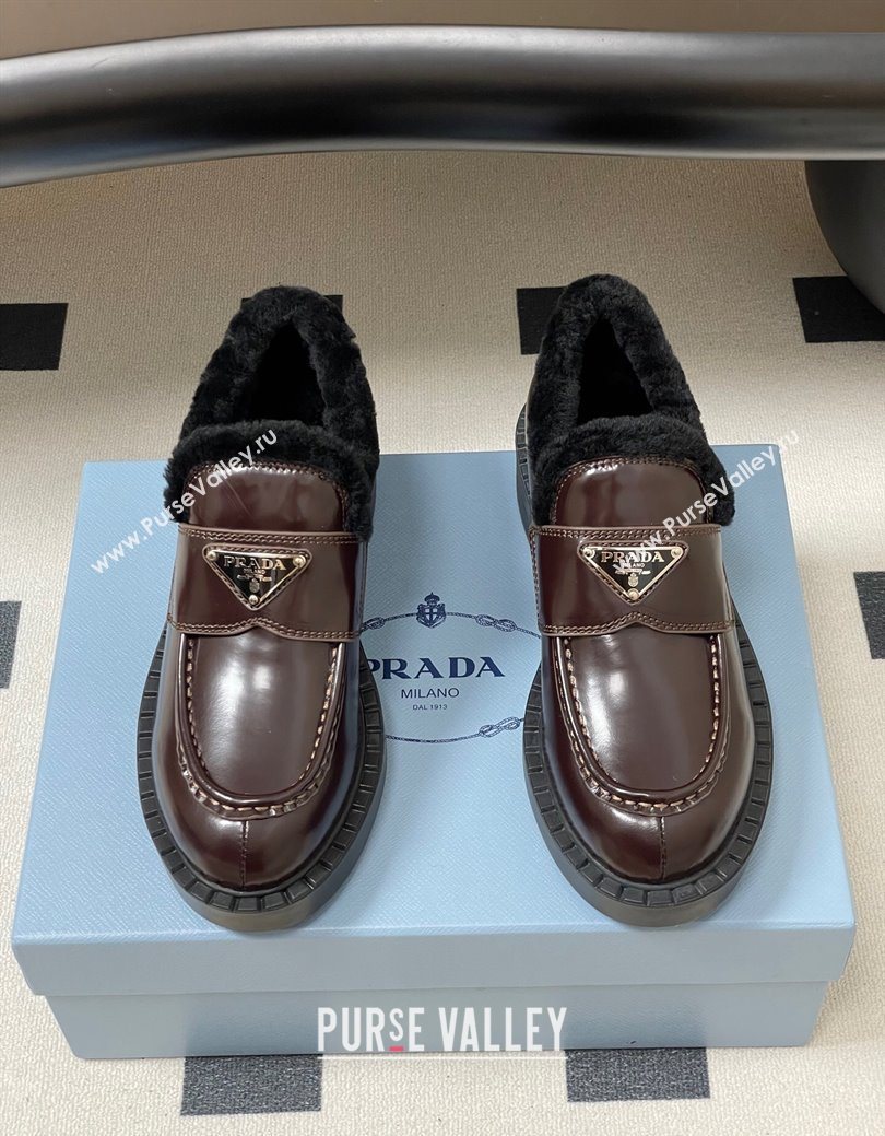 Prada Brushed Leather and Wool Loafers Brown 2025 1D246M (MD-251027048)
