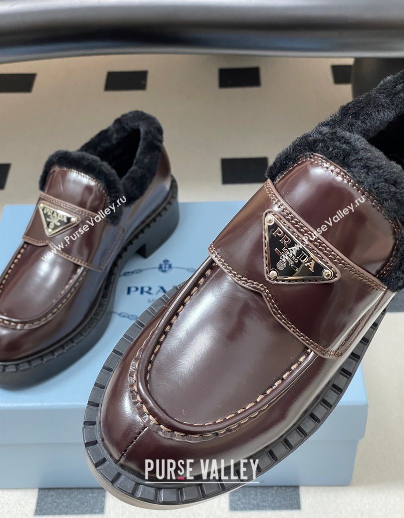 Prada Brushed Leather and Wool Loafers Brown 2025 1D246M (MD-251027048)