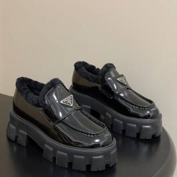 Prada Monolith Patent Leather and Wool Platform Loafers 5cm Black 2025 1D649M (MD-251027049)