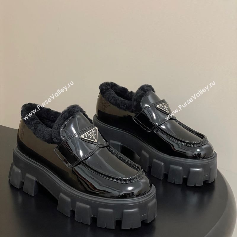 Prada Monolith Patent Leather and Wool Platform Loafers 5cm Black 2025 1D649M (MD-251027049)
