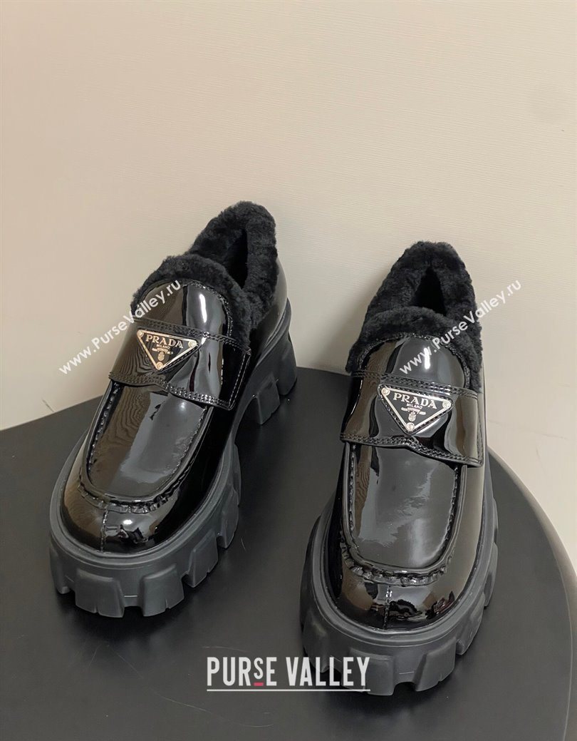 Prada Monolith Patent Leather and Wool Platform Loafers 5cm Black 2025 1D649M (MD-251027049)