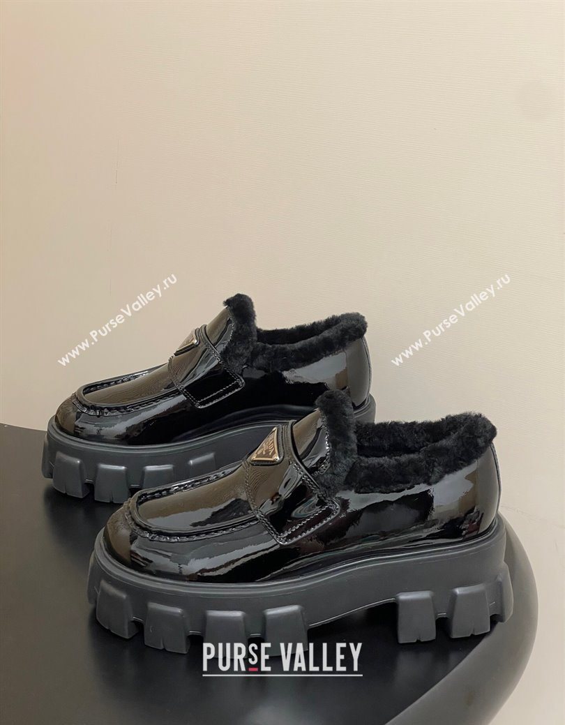 Prada Monolith Patent Leather and Wool Platform Loafers 5cm Black 2025 1D649M (MD-251027049)