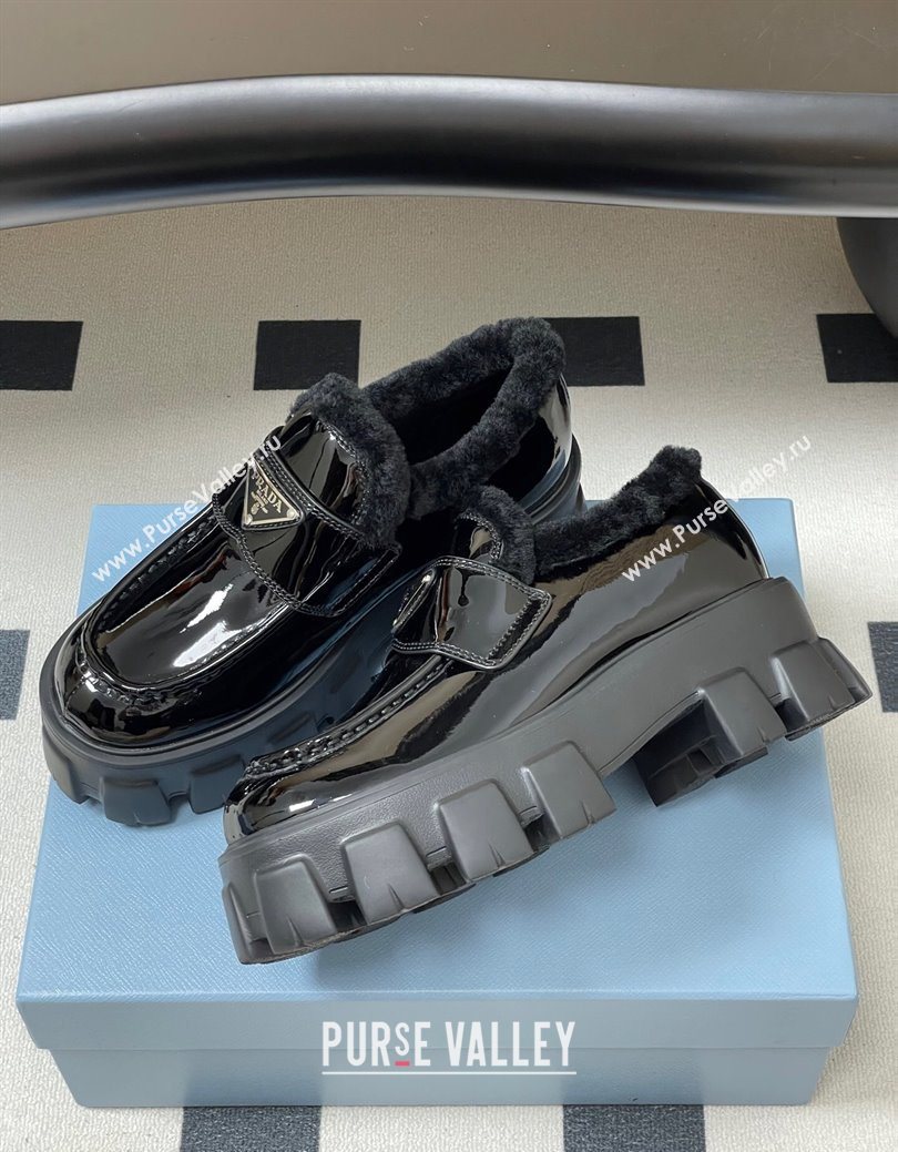 Prada Monolith Patent Leather and Wool Platform Loafers 5cm Black 2025 1D649M (MD-251027049)