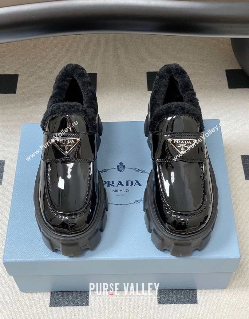 Prada Monolith Patent Leather and Wool Platform Loafers 5cm Black 2025 1D649M (MD-251027049)