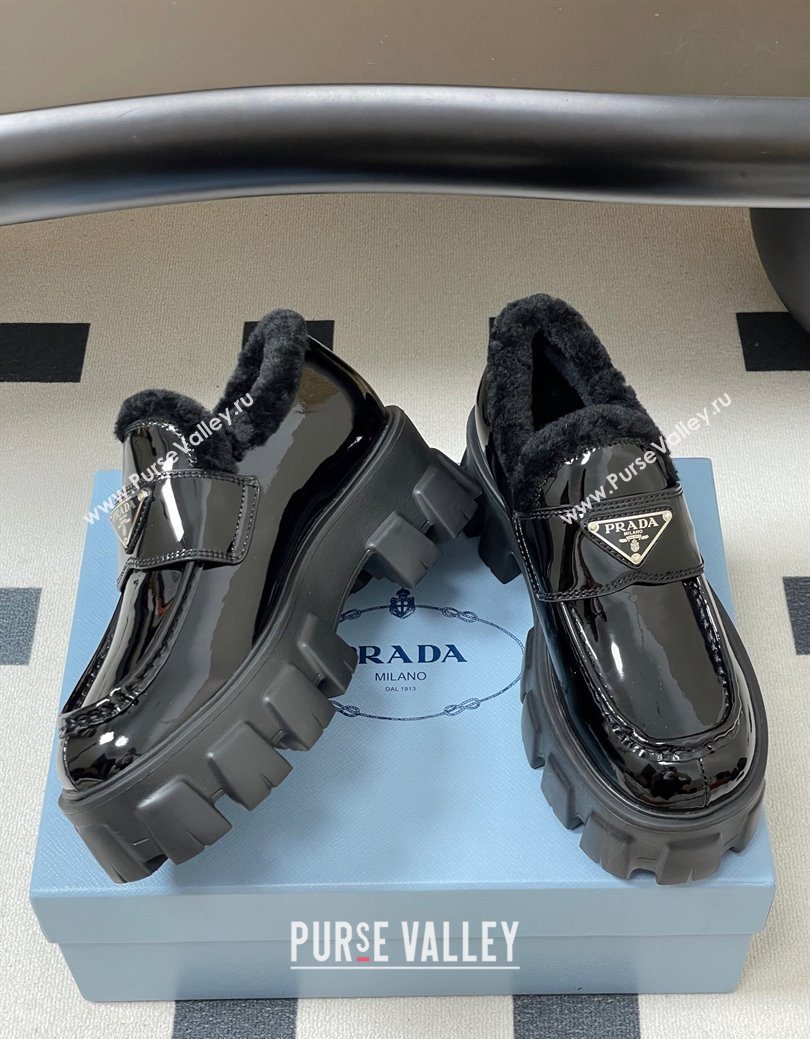 Prada Monolith Patent Leather and Wool Platform Loafers 5cm Black 2025 1D649M (MD-251027049)