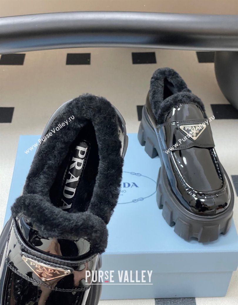 Prada Monolith Patent Leather and Wool Platform Loafers 5cm Black 2025 1D649M (MD-251027049)