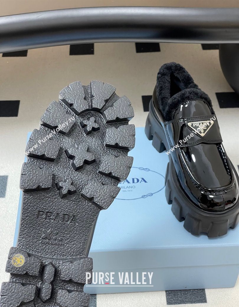 Prada Monolith Patent Leather and Wool Platform Loafers 5cm Black 2025 1D649M (MD-251027049)