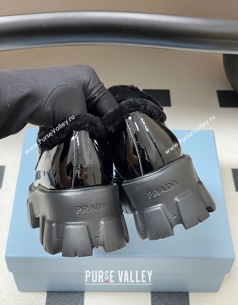 Prada Monolith Patent Leather and Wool Platform Loafers 5cm Black 2025 1D649M (MD-251027049)