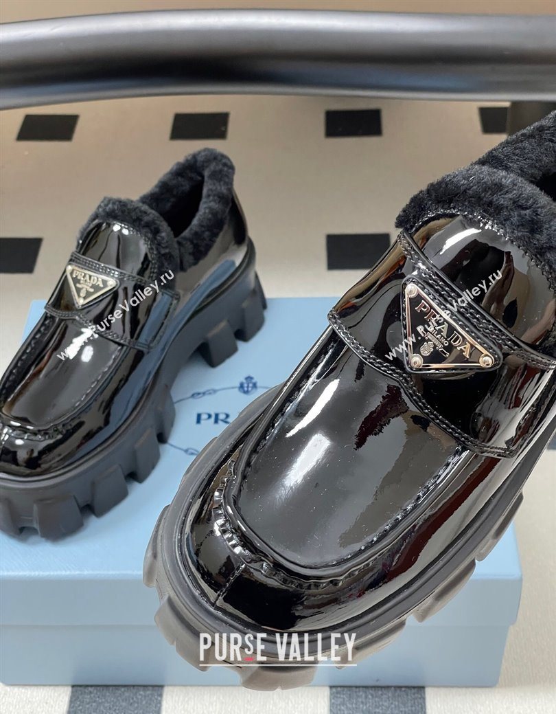 Prada Monolith Patent Leather and Wool Platform Loafers 5cm Black 2025 1D649M (MD-251027049)