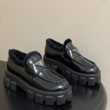 Prada Monolith Brushed Leather and Wool Platform Loafers 5cm Black 2025 1D649M (MD-251027050)