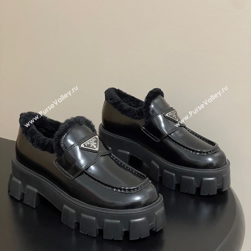 Prada Monolith Brushed Leather and Wool Platform Loafers 5cm Black 2025 1D649M (MD-251027050)