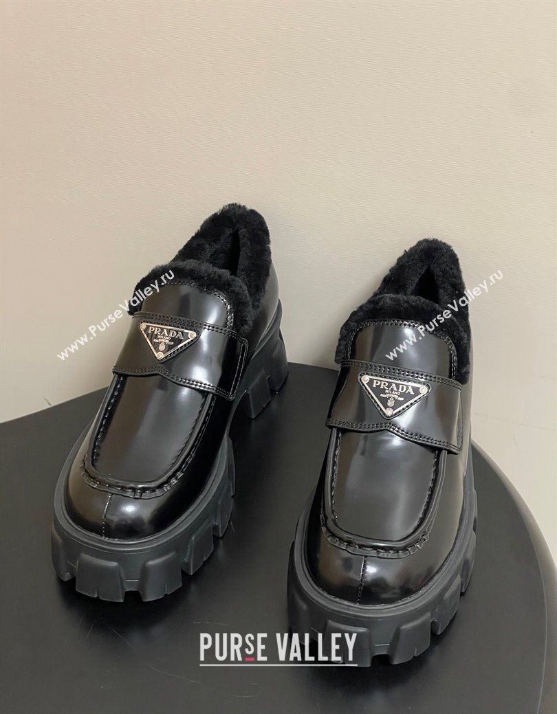 Prada Monolith Brushed Leather and Wool Platform Loafers 5cm Black 2025 1D649M (MD-251027050)