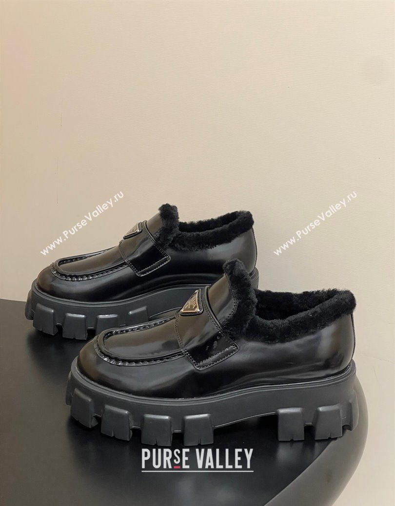 Prada Monolith Brushed Leather and Wool Platform Loafers 5cm Black 2025 1D649M (MD-251027050)