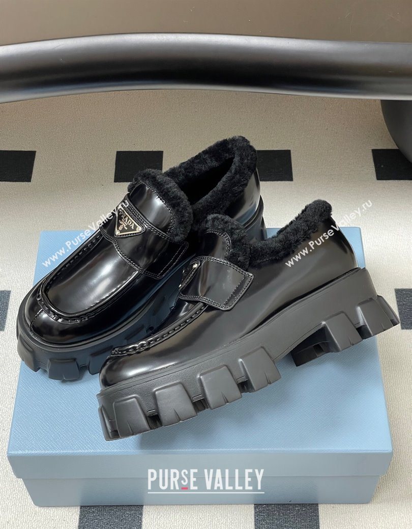 Prada Monolith Brushed Leather and Wool Platform Loafers 5cm Black 2025 1D649M (MD-251027050)