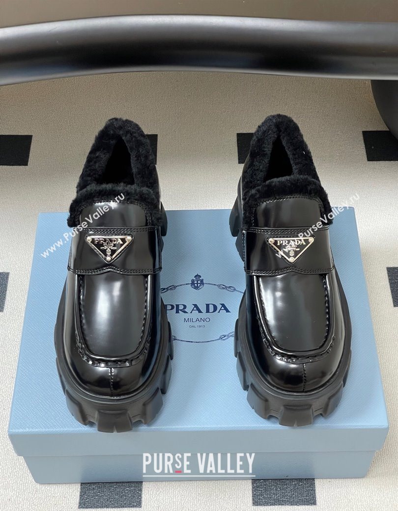 Prada Monolith Brushed Leather and Wool Platform Loafers 5cm Black 2025 1D649M (MD-251027050)