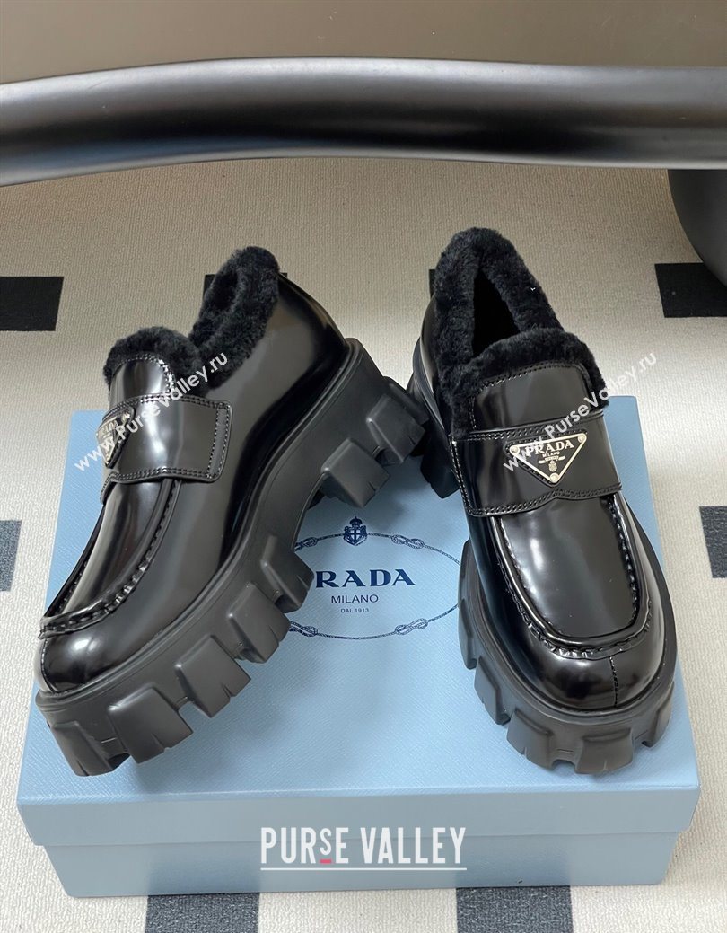 Prada Monolith Brushed Leather and Wool Platform Loafers 5cm Black 2025 1D649M (MD-251027050)
