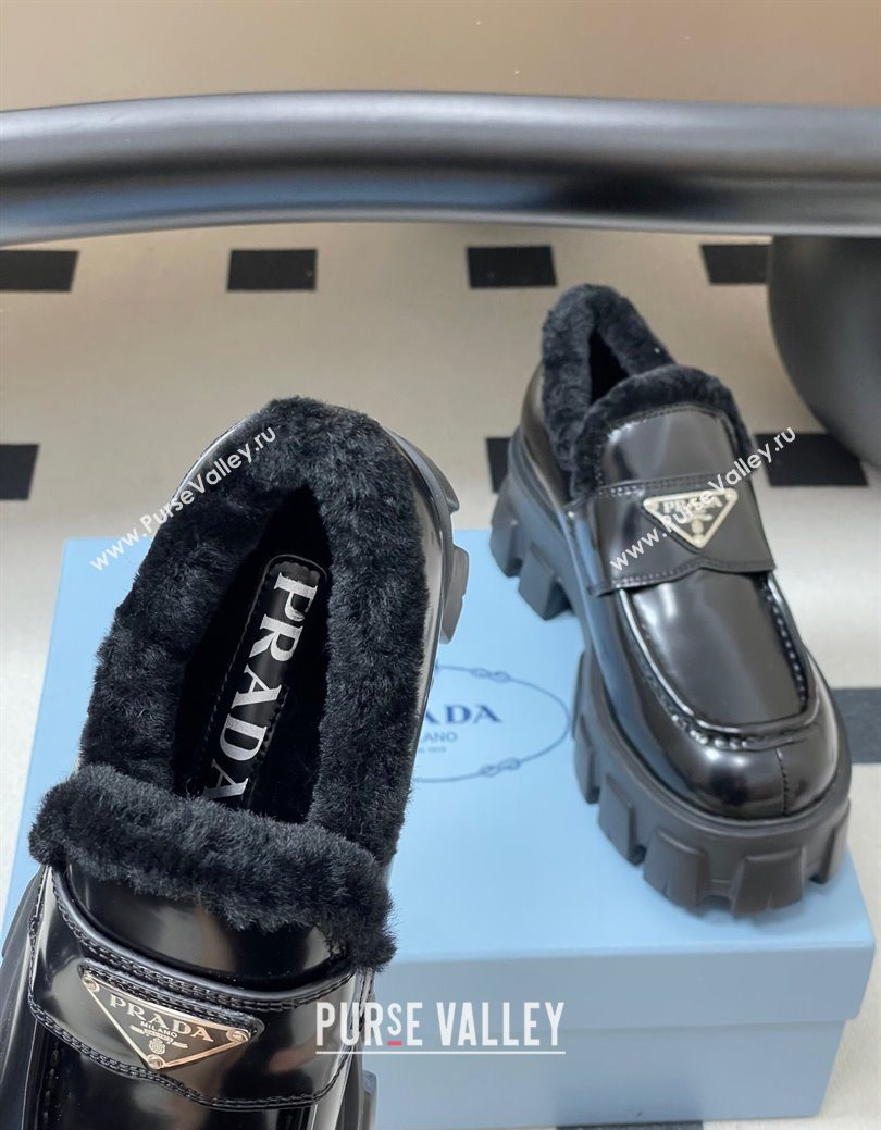Prada Monolith Brushed Leather and Wool Platform Loafers 5cm Black 2025 1D649M (MD-251027050)