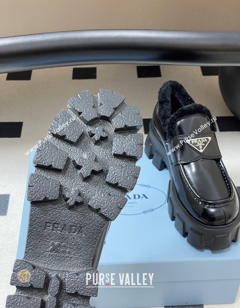Prada Monolith Brushed Leather and Wool Platform Loafers 5cm Black 2025 1D649M (MD-251027050)