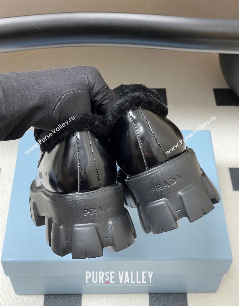 Prada Monolith Brushed Leather and Wool Platform Loafers 5cm Black 2025 1D649M (MD-251027050)