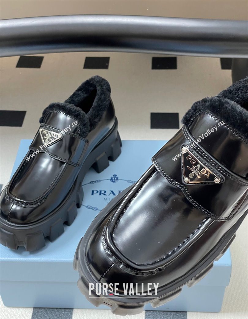 Prada Monolith Brushed Leather and Wool Platform Loafers 5cm Black 2025 1D649M (MD-251027050)