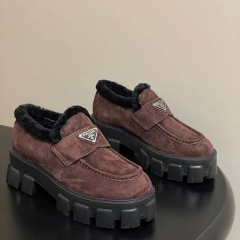 Prada Monolith Suede and Wool Platform Loafers 5cm Brown 2025 1D649M (MD-251027051)