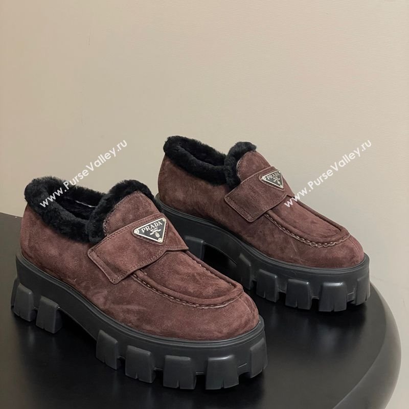 Prada Monolith Suede and Wool Platform Loafers 5cm Brown 2025 1D649M (MD-251027051)