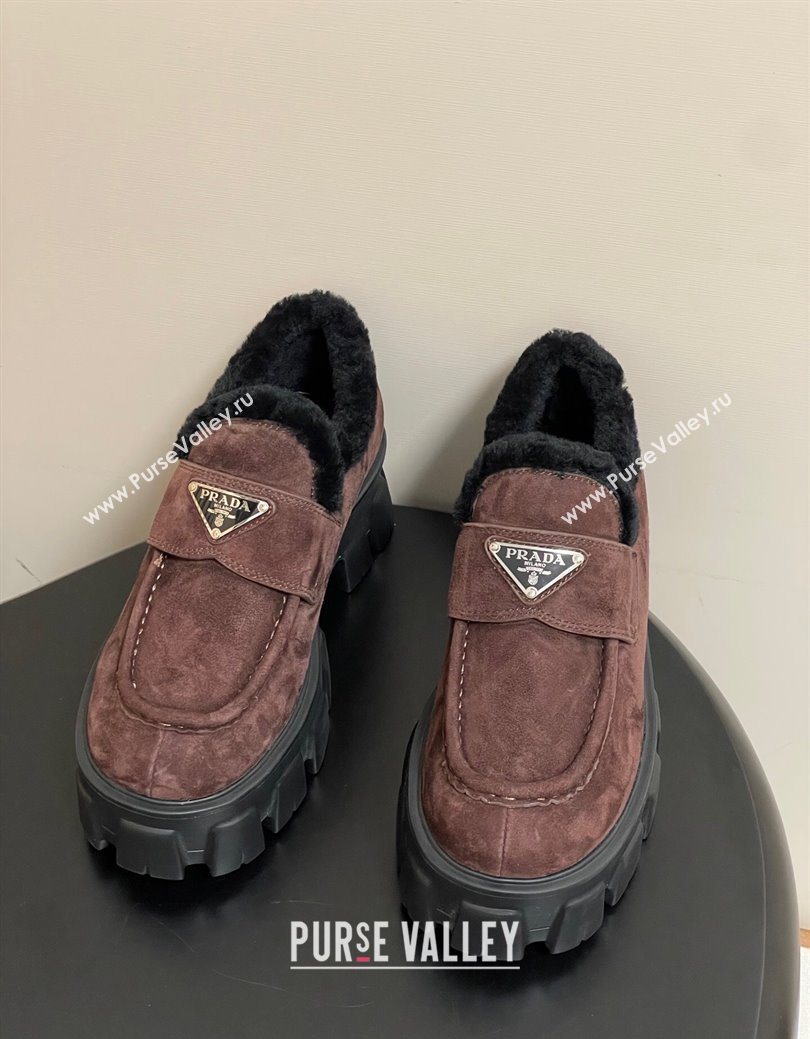 Prada Monolith Suede and Wool Platform Loafers 5cm Brown 2025 1D649M (MD-251027051)