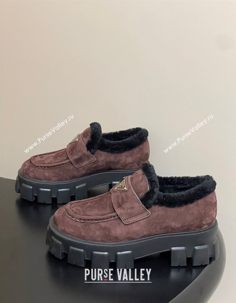 Prada Monolith Suede and Wool Platform Loafers 5cm Brown 2025 1D649M (MD-251027051)