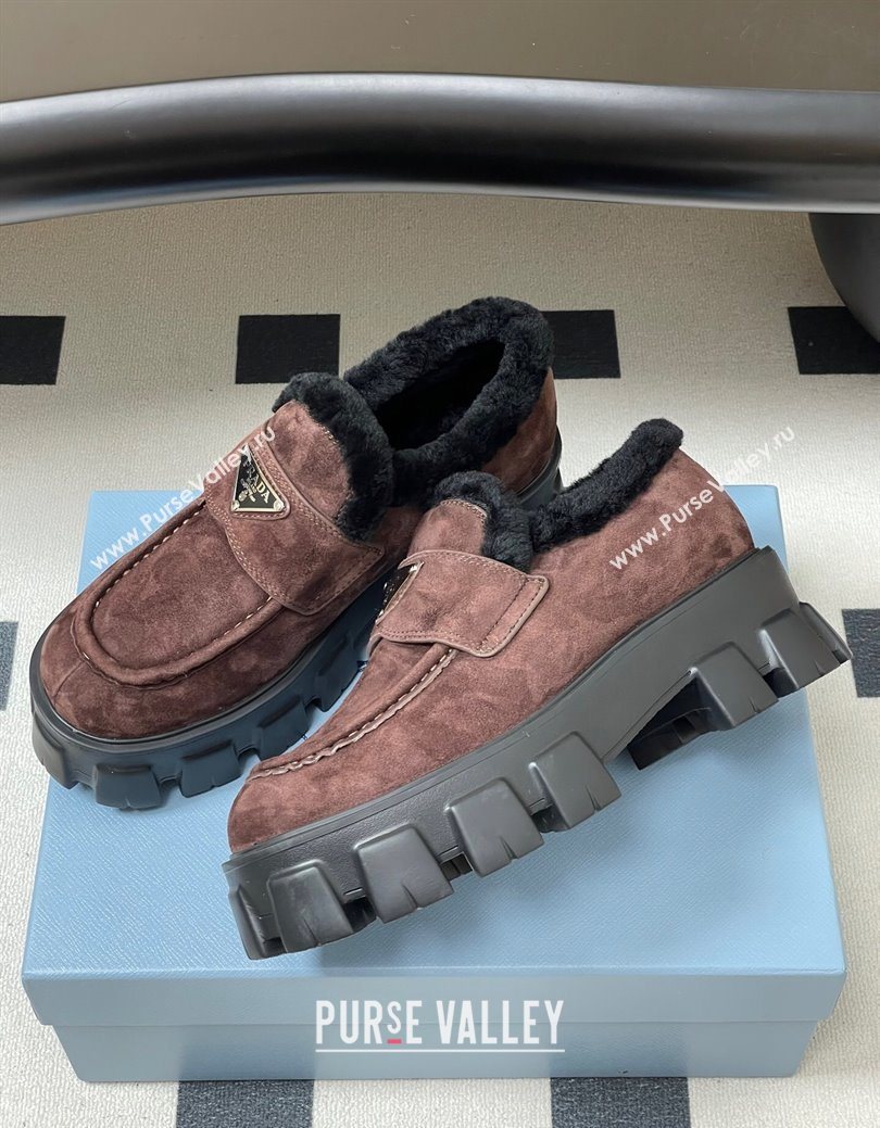 Prada Monolith Suede and Wool Platform Loafers 5cm Brown 2025 1D649M (MD-251027051)