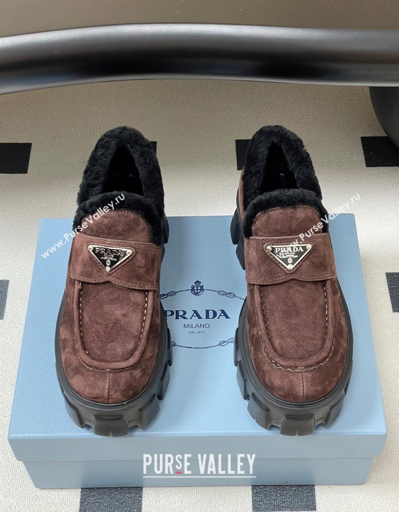 Prada Monolith Suede and Wool Platform Loafers 5cm Brown 2025 1D649M (MD-251027051)