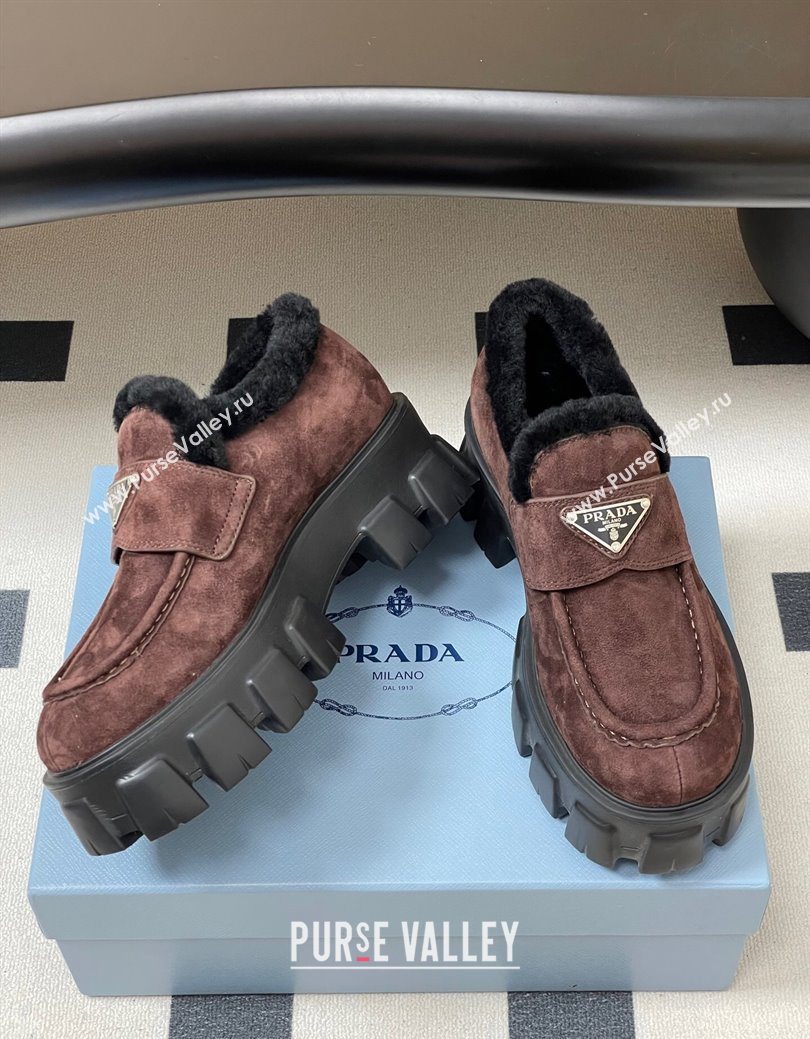 Prada Monolith Suede and Wool Platform Loafers 5cm Brown 2025 1D649M (MD-251027051)