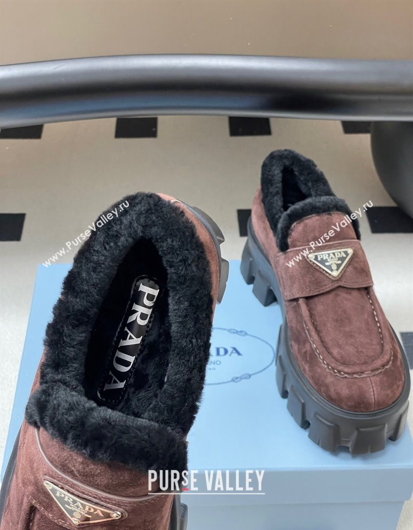 Prada Monolith Suede and Wool Platform Loafers 5cm Brown 2025 1D649M (MD-251027051)
