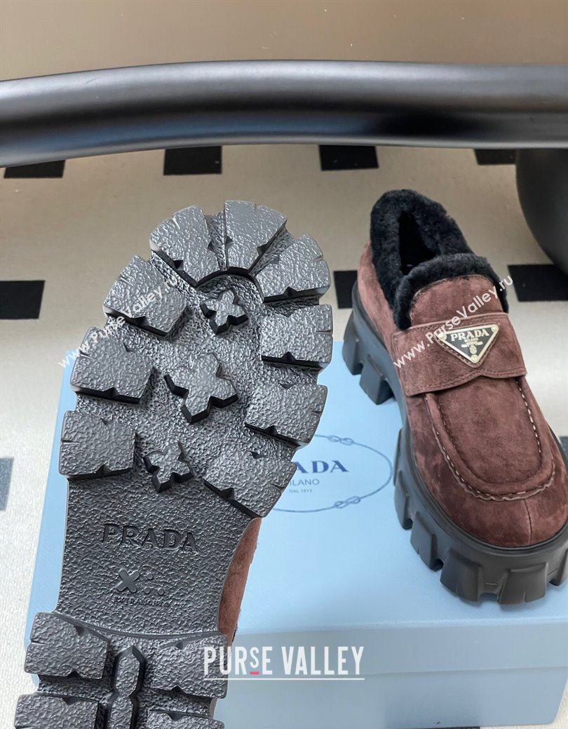 Prada Monolith Suede and Wool Platform Loafers 5cm Brown 2025 1D649M (MD-251027051)