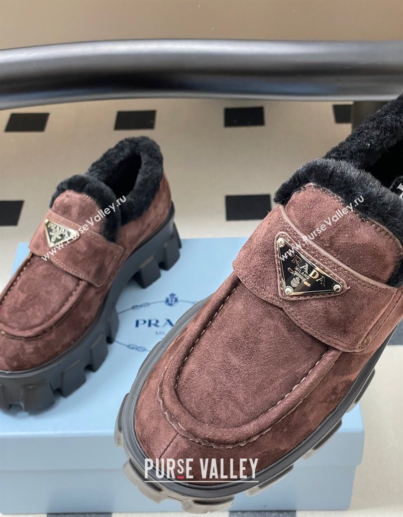 Prada Monolith Suede and Wool Platform Loafers 5cm Brown 2025 1D649M (MD-251027051)