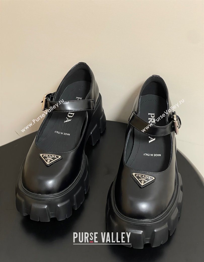 Prada Brushed leather Monolith Platform Mary Janes Shoes 5cm Black 2025 1F080O (MD-251027039)