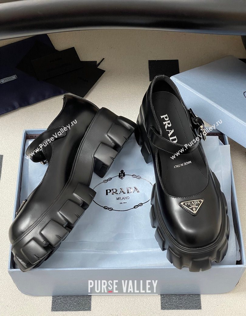 Prada Brushed leather Monolith Platform Mary Janes Shoes 5cm Black 2025 1F080O (MD-251027039)